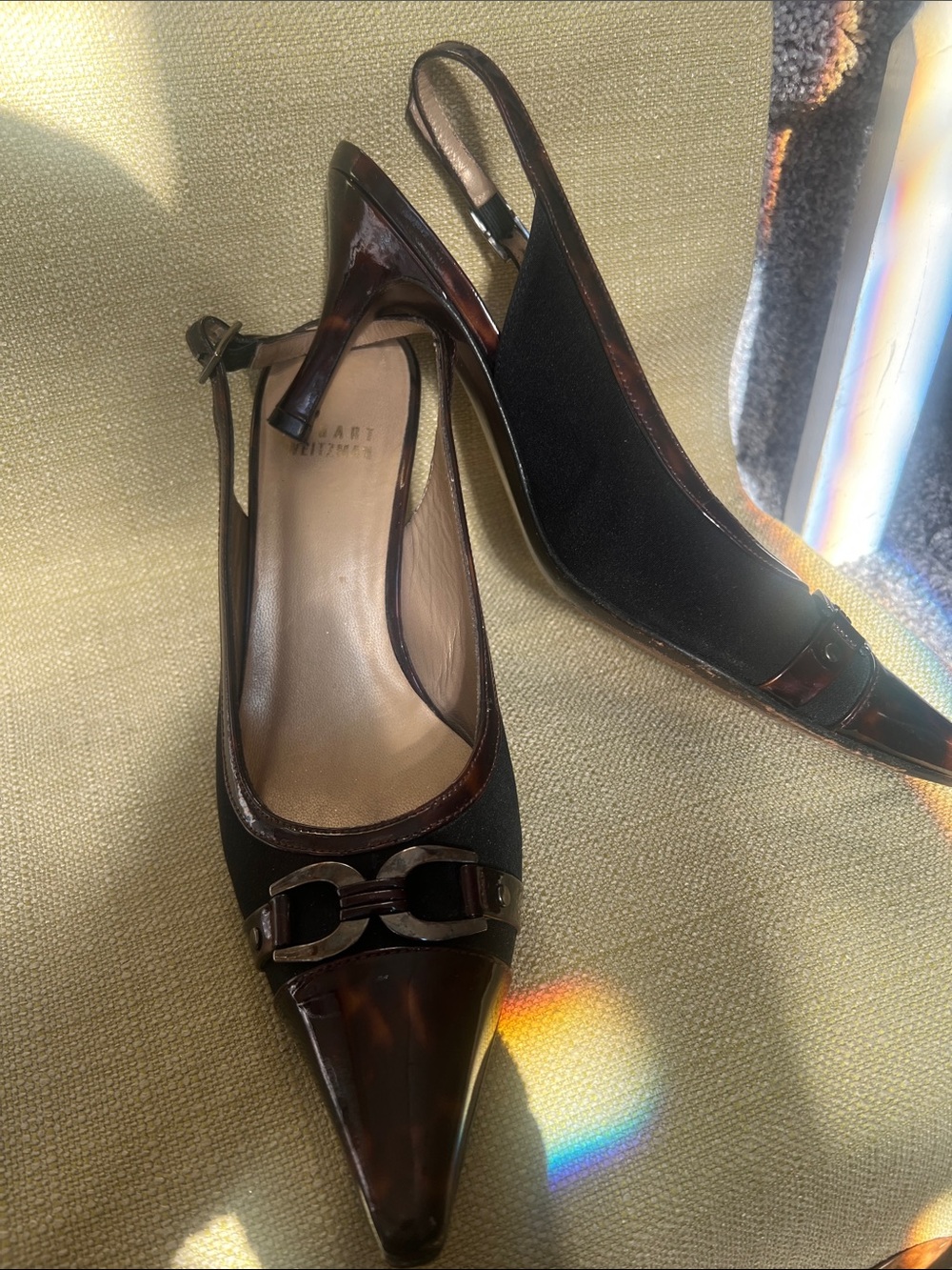 Stuart Weitzman Sz 6.5 Black Fabric & Brown Tortoiseshell Slingback Heels
